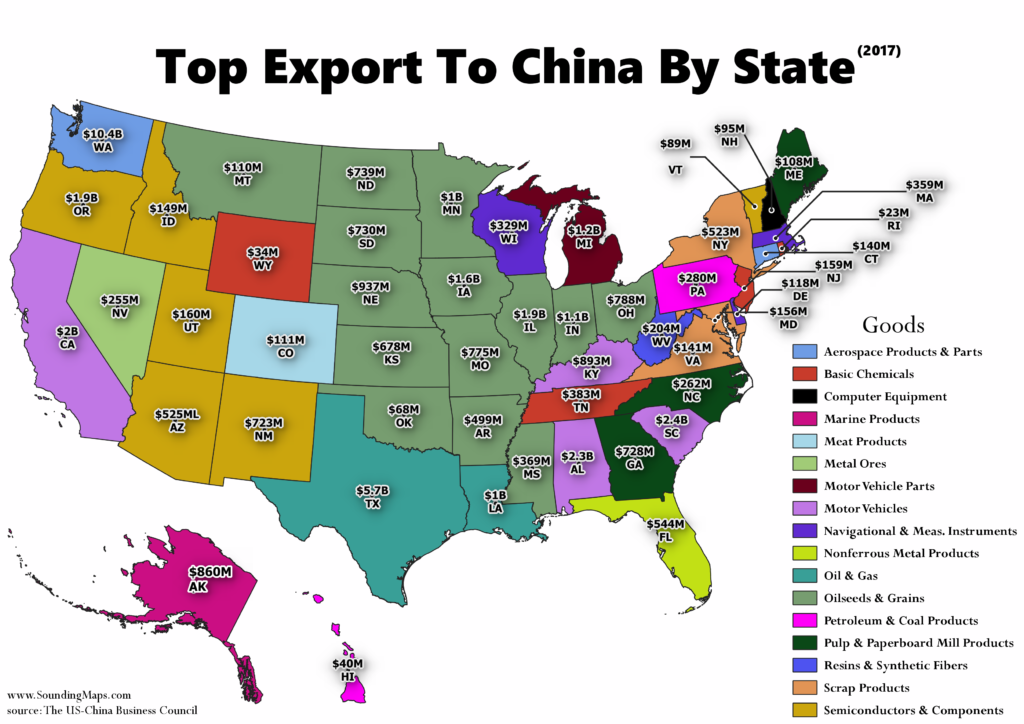 Map of Exports to China from the United States