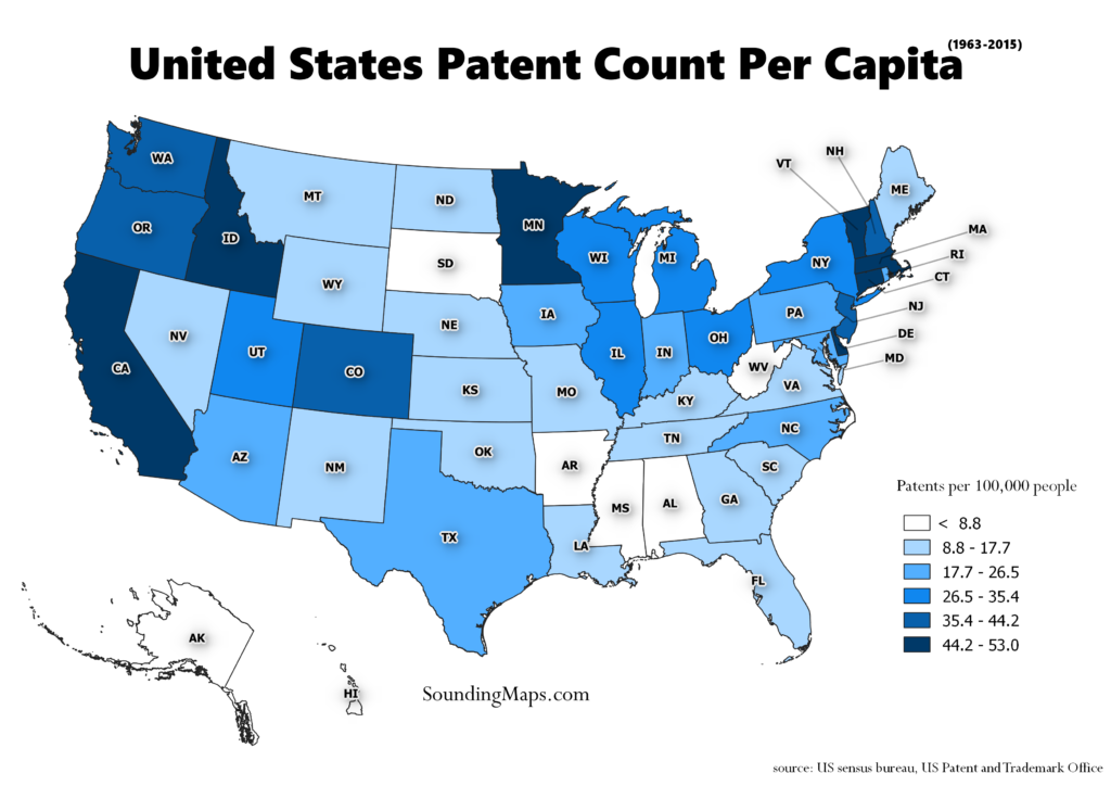 Map of states with the most patents