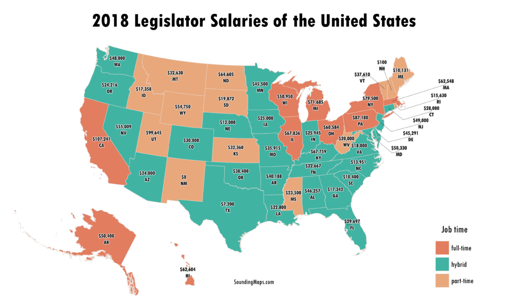 Map of United States Legislator Salaries