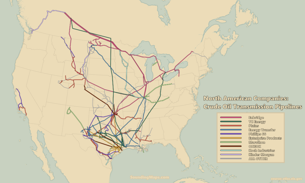 Map of North America's 10 largest midstream companies for crude oil pipelines
