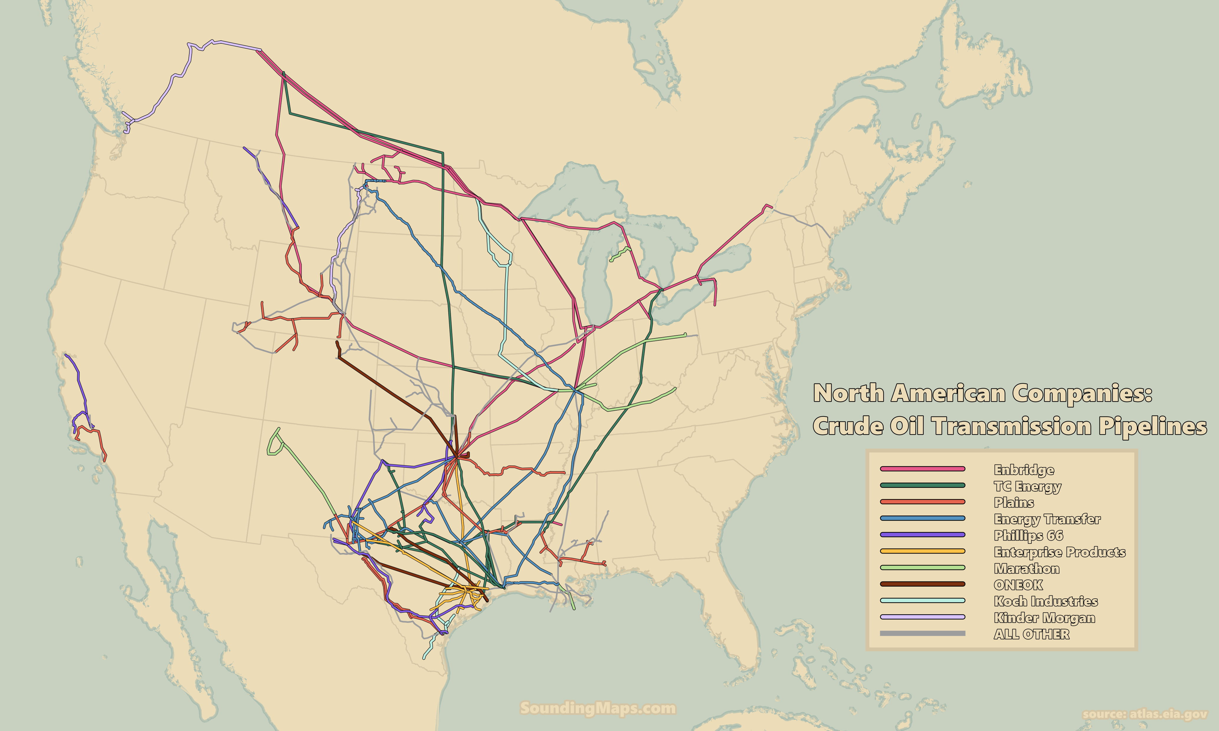 Map of North America's 10 largest midstream companies for crude oil pipelines