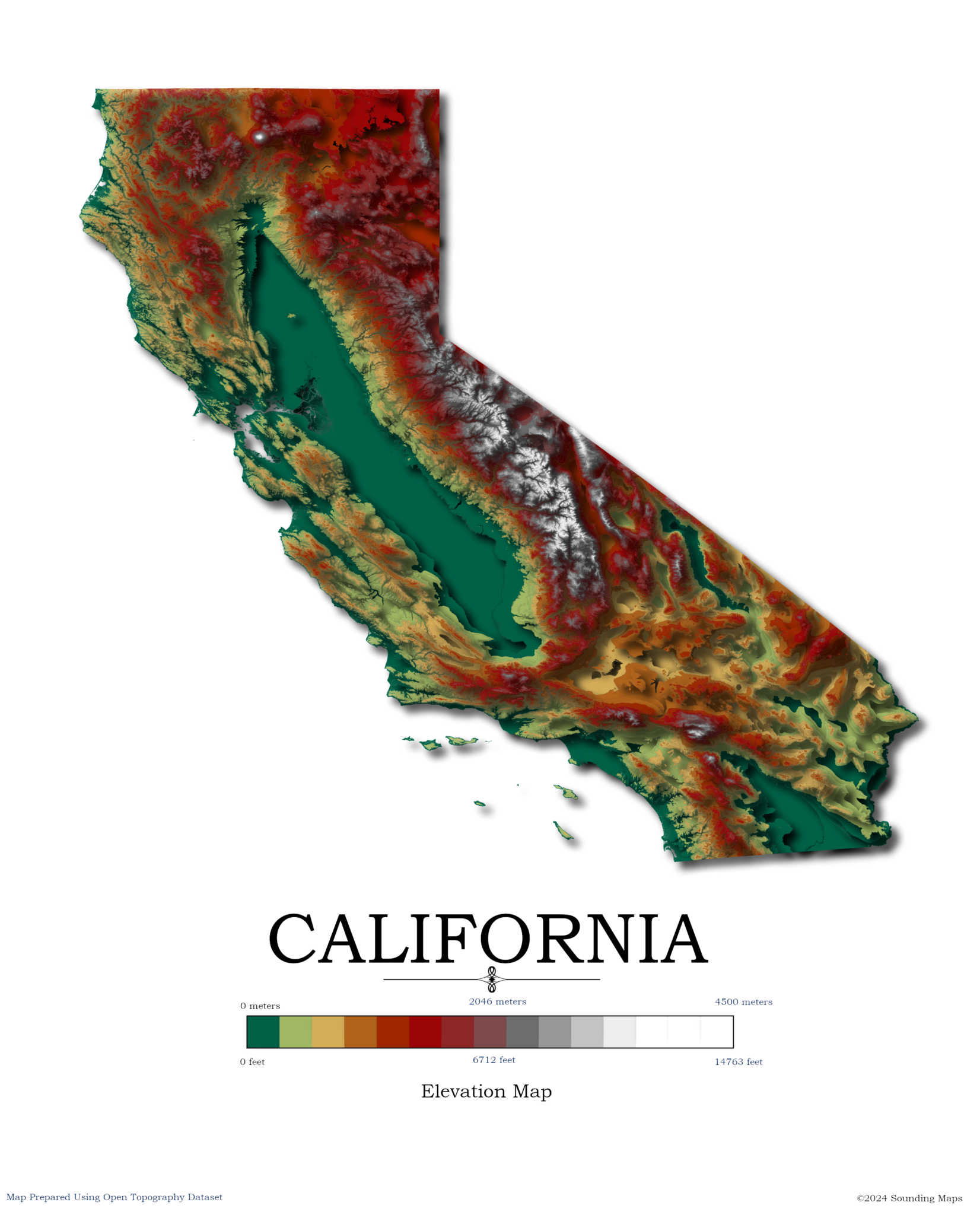 Elevation Topographic Map of California Sounding Maps
