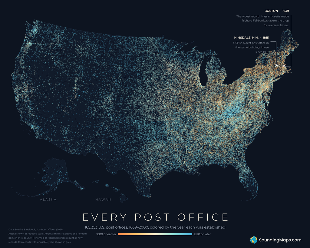 Dark map of the United States, including Alaska and Hawaii, made of more than 165,000 glowing dots for every post office from 1639 to 2000. Orange dots for the earliest offices cluster in New England and along the Atlantic, and blue dots for later ones fill the West and Appalachia. Callouts mark Boston (1639), the oldest record, and Hinsdale, N.H., the oldest post office still in the same building.