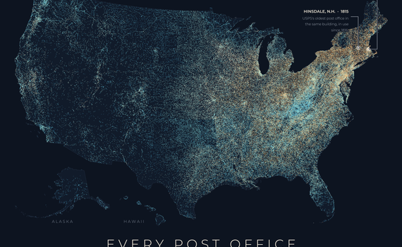 Dark map of the United States, including Alaska and Hawaii, made of more than 165,000 glowing dots for every post office from 1639 to 2000. Orange dots for the earliest offices cluster in New England and along the Atlantic, and blue dots for later ones fill the West and Appalachia. Callouts mark Boston (1639), the oldest record, and Hinsdale, N.H., the oldest post office still in the same building.