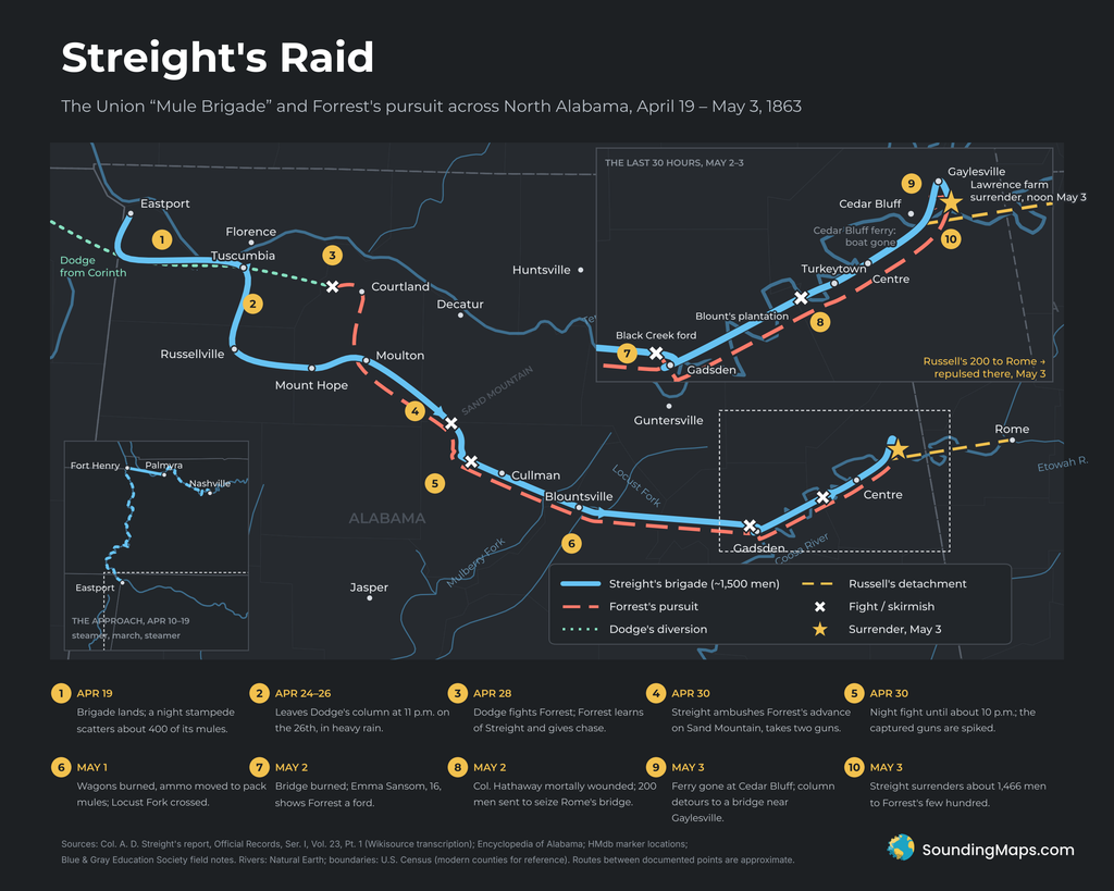 Map of Streight's Raid, April–May 1863, tracing the Union brigade's route from Eastport, Mississippi, through Tuscumbia, Moulton, Day's Gap, Blountsville and Gadsden to its surrender near Cedar Bluff, Alabama, with Forrest's pursuit shown alongside, numbered events, and insets of the river approach and the final 30 hours.